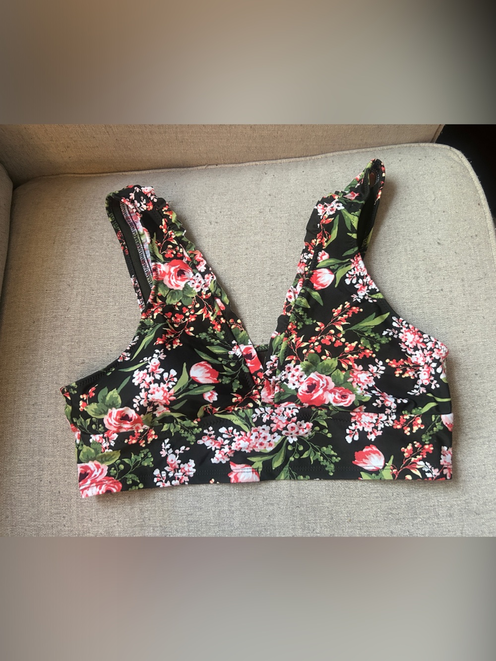 Mossimo Supply Co. Black Floral Bikini Top with Pink & Green Accents